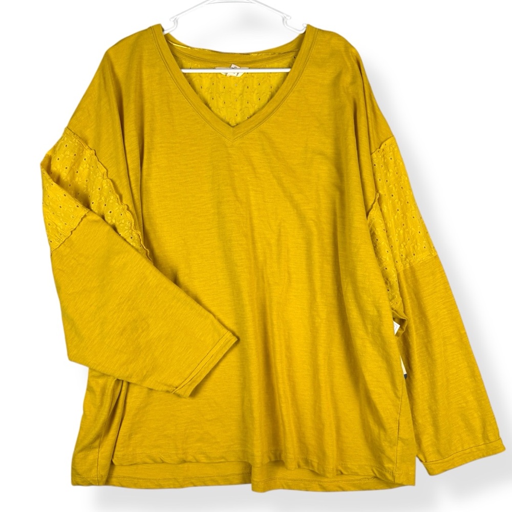 Terra Sky Top‎ Womens 2X Solid Yellow Eyelet Lace Detail Long Sleeves NWT